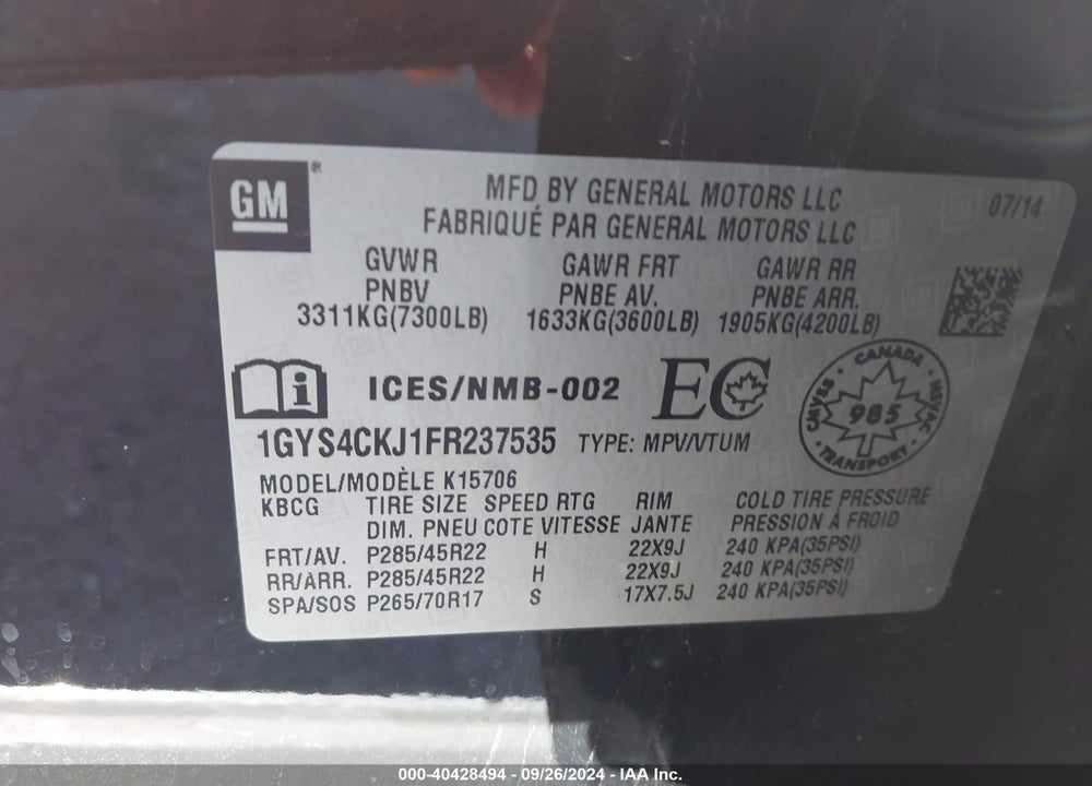 2015 CADILLAC ESCALADE PREMIUM VIN: 1GYS4CKJ1FR237535