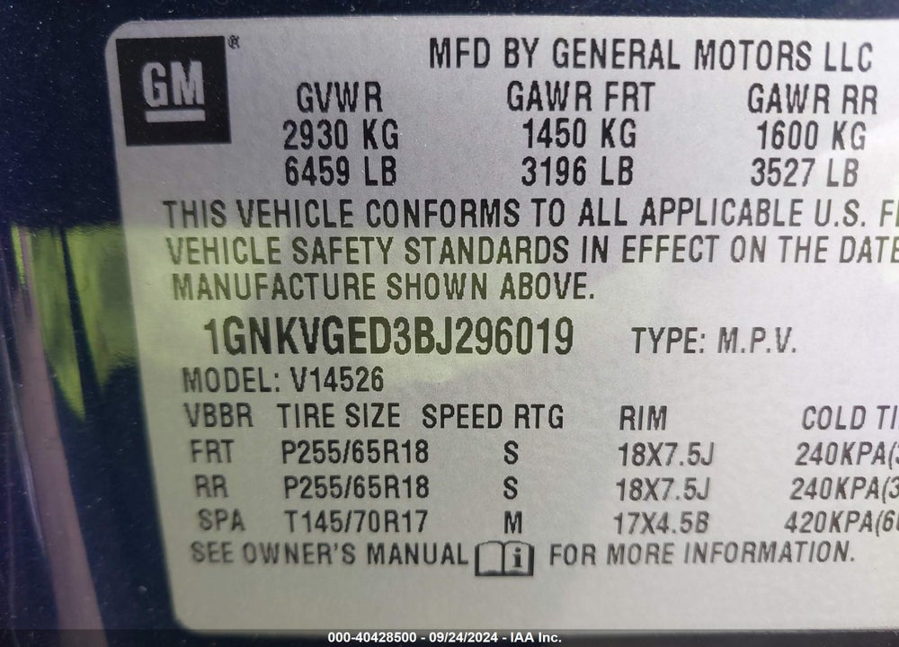 2011 CHEVROLET TRAVERSE 1LT VIN: 1GNKVGED3BJ296019