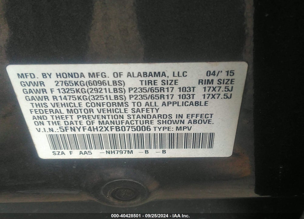 2015 HONDA PILOT LX VIN: 5FNYF4H2XFB075006
