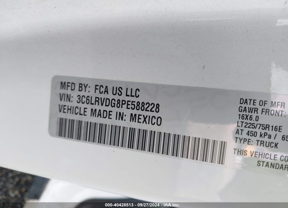 2023 RAM PROMASTER 2500 HIGH ROOF 159 WB VIN: 3C6LRVDG8PE588228