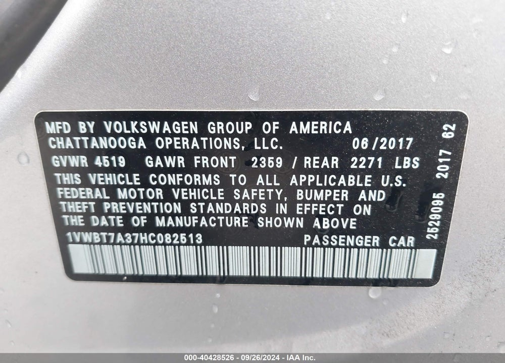 2017 VOLKSWAGEN PASSAT 1.8T SE VIN: 1VWBT7A37HC082513