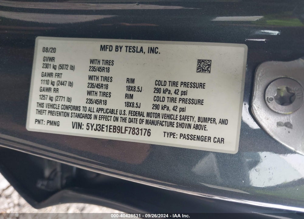 2020 TESLA MODEL 3 LONG RANGE DUAL MOTOR ALL-WHEEL DRIVE VIN: 5YJ3E1EB9LF783176