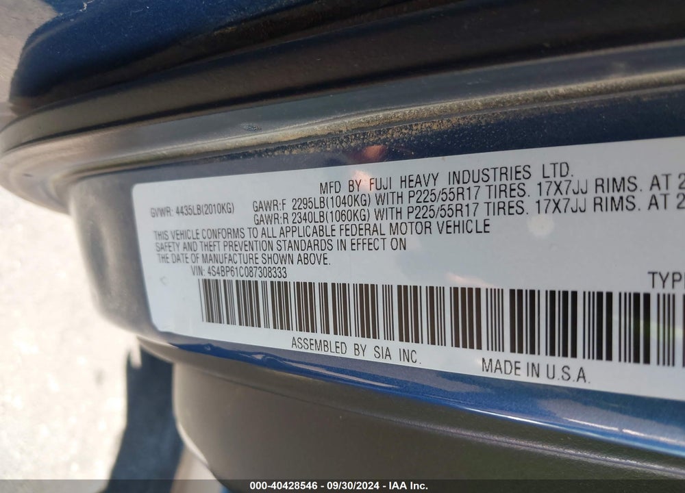 2008 SUBARU OUTBACK 2.5I/2.5I L.L. BEAN EDITION VIN: 4S4BP61C087308333