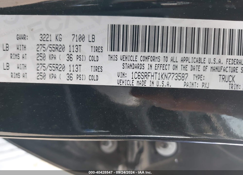 2019 RAM 1500 LIMITED 4X4 5'7 BOX VIN: 1C6SRFHT1KN773587