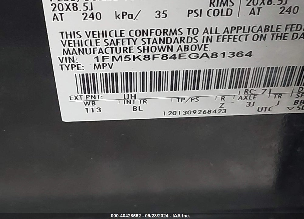 2014 FORD EXPLORER LIMITED VIN: 1FM5K8F84EGA81364