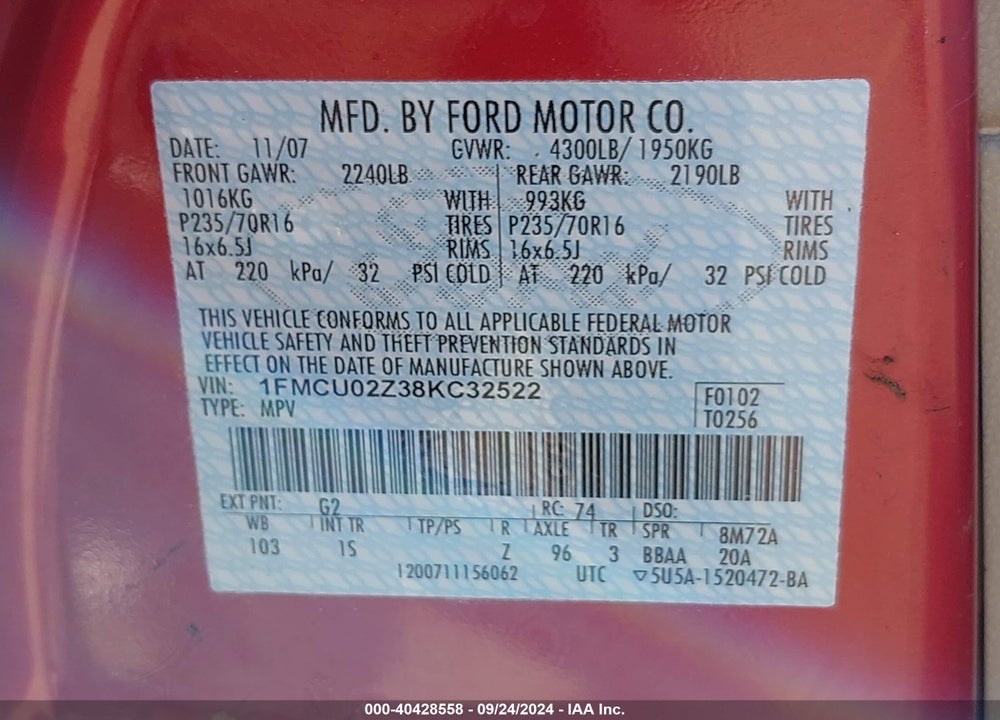 2008 FORD ESCAPE XLS/XLS MANUAL VIN: 1FMCU02Z38KC32522