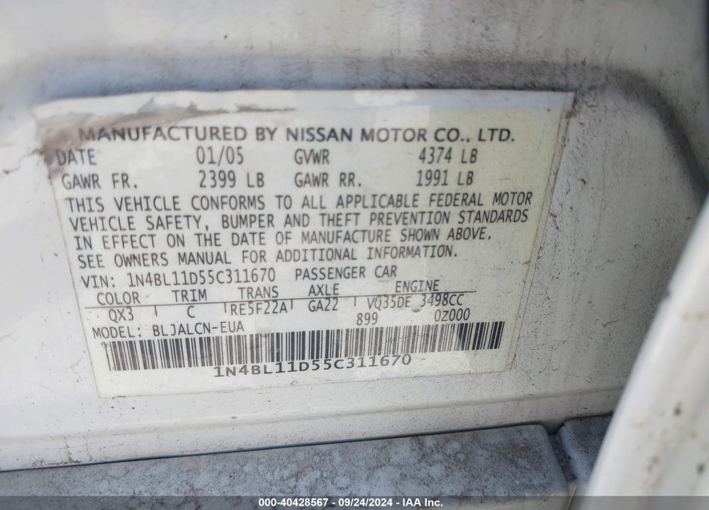 2005 NISSAN ALTIMA 3.5 SE VIN: 1N4BL11D55C311670