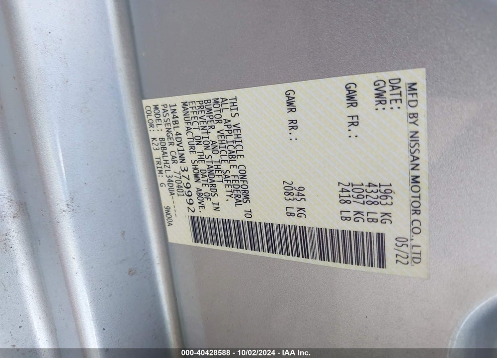 2022 NISSAN ALTIMA VIN: 1N4BL4DV1NN379992