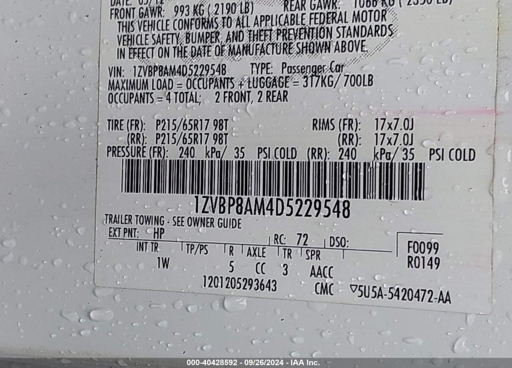 2013 FORD MUSTANG V6 VIN: 1ZVBP8AM4D5229548