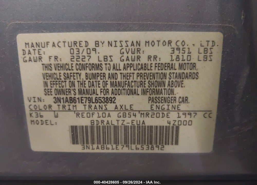 2009 NISSAN SENTRA 2.0S VIN: 3N1AB61E79L653892