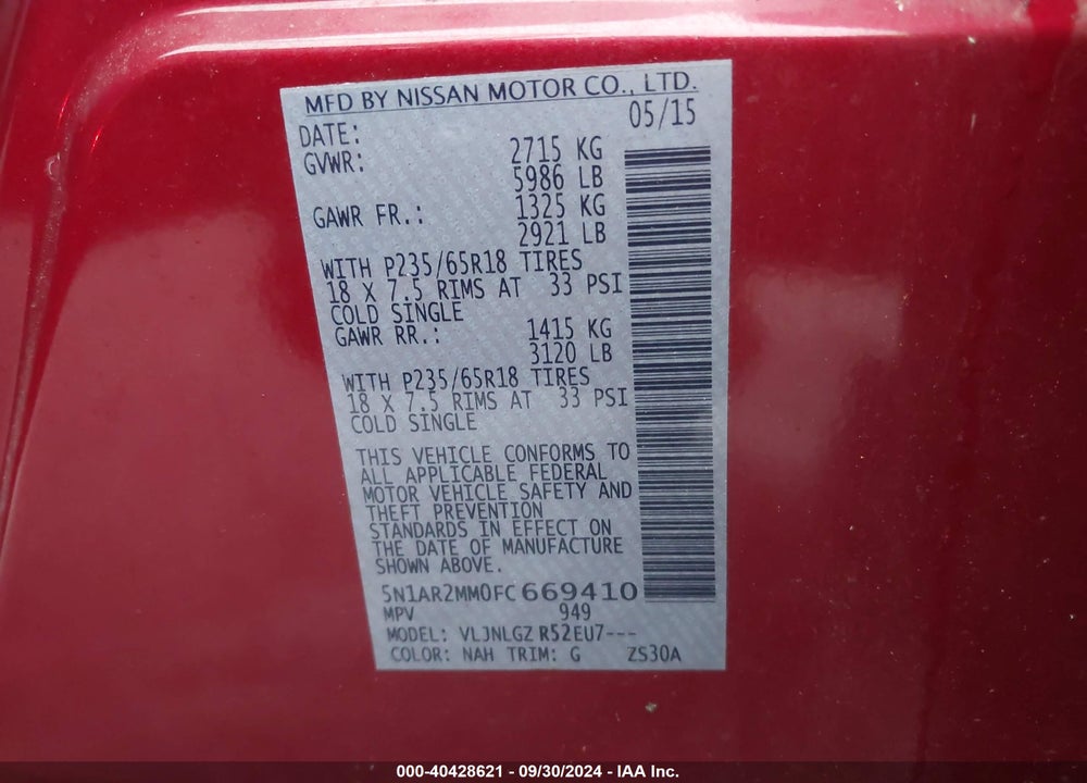 2015 NISSAN PATHFINDER SL VIN: 5N1AR2MM0FC669410