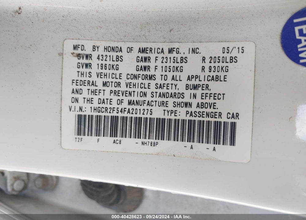 2015 HONDA ACCORD SPORT VIN: 1HGCR2F54FA201275