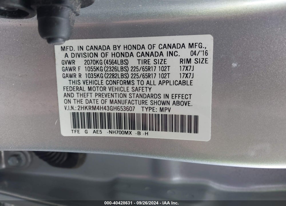 2016 HONDA CR-V SE VIN: 2HKRM4H43GH653607