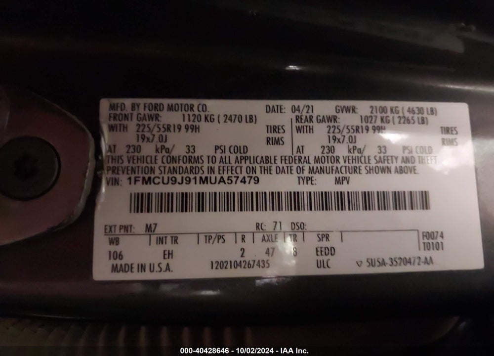 2021 FORD ESCAPE VIN: 1FMCU9J91MUA57479