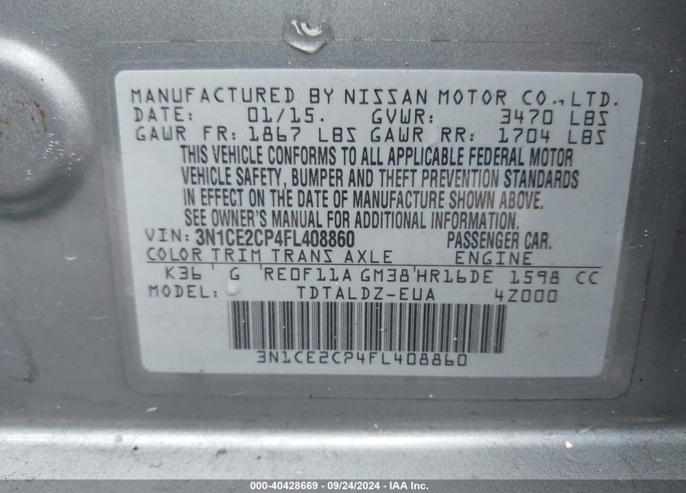 2015 NISSAN VERSA NOTE S (SR)/S PLUS/SL/SR/SV VIN: 3N1CE2CP4FL408860