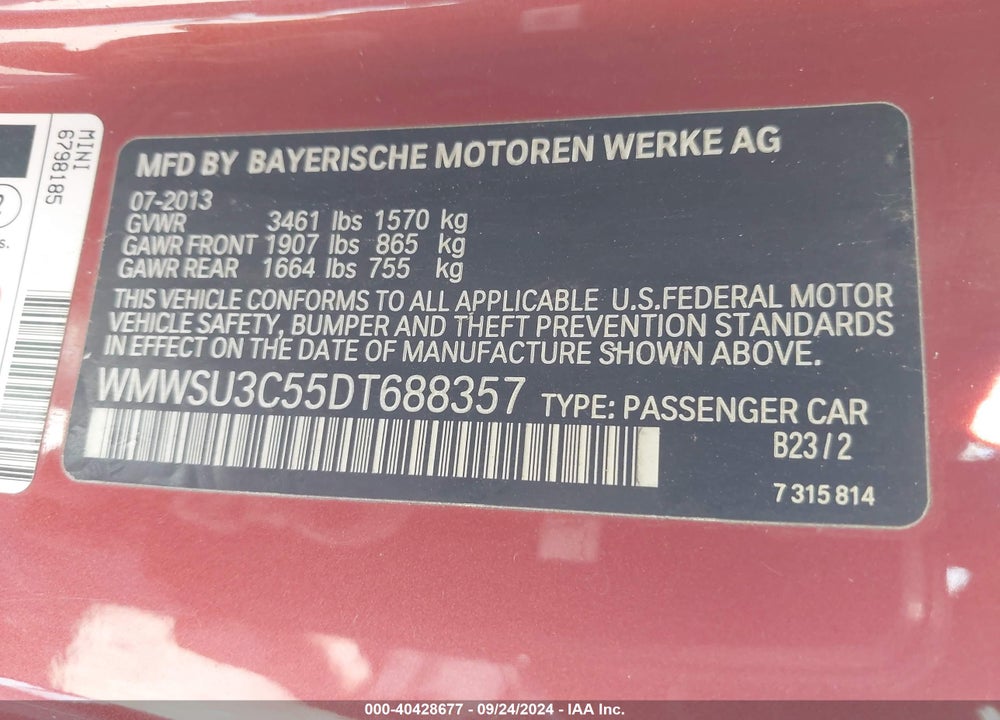2013 MINI HARDTOP COOPER VIN: WMWSU3C55DT688357