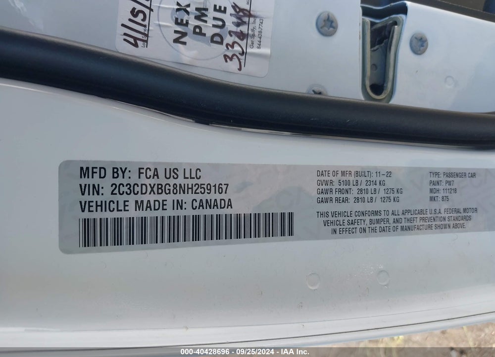 2022 DODGE CHARGER SXT RWD VIN: 2C3CDXBG8NH259167