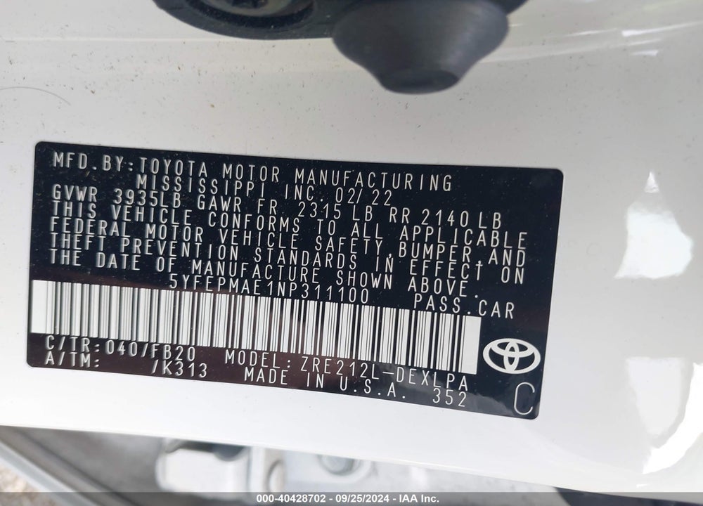 2022 TOYOTA COROLLA LE VIN: 5YFEPMAE1NP311100