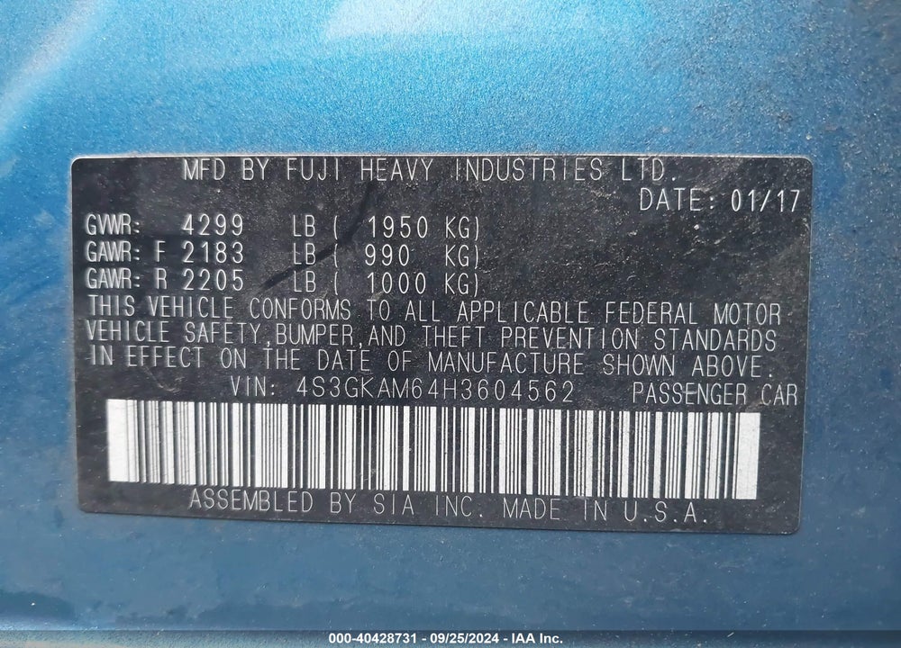 2017 SUBARU IMPREZA 2.0I SPORT VIN: 4S3GKAM64H3604562
