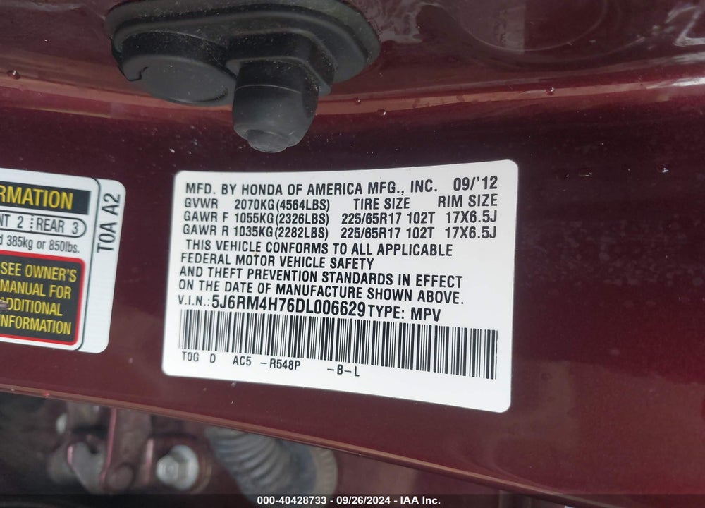 2013 HONDA CR-V EX-L VIN: 5J6RM4H76DL006629