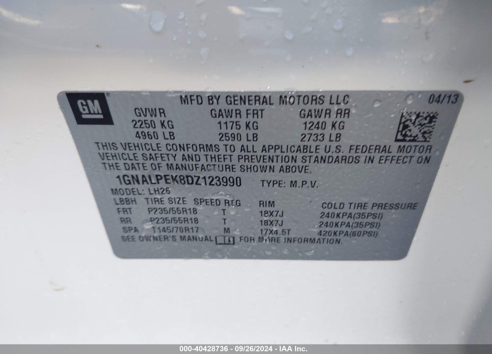 2013 CHEVROLET EQUINOX 2LT VIN: 1GNALPEK8DZ123990
