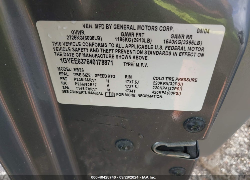 2004 CADILLAC SRX STANDARD VIN: 1GYEE637640178871