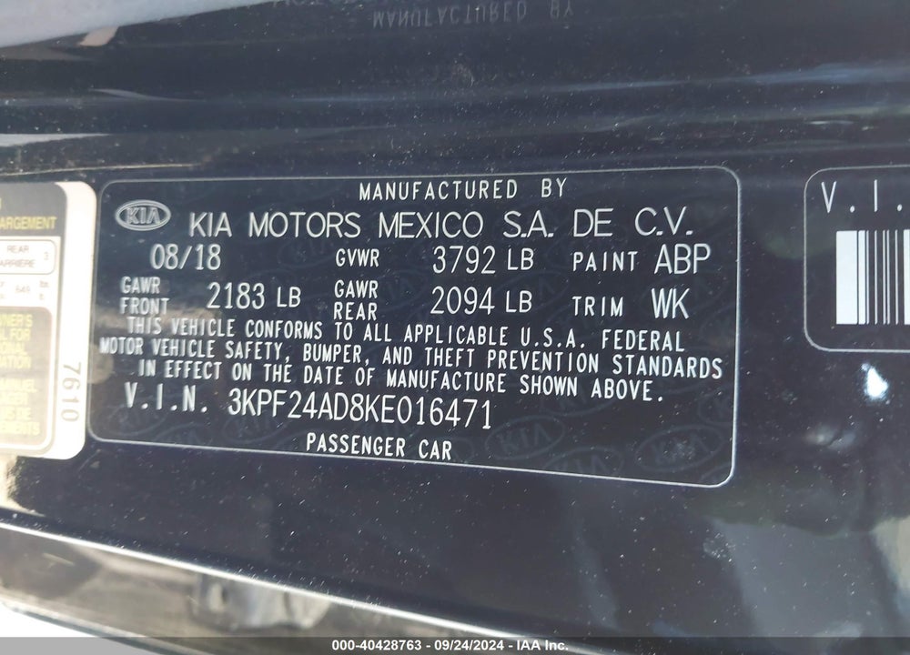 2019 KIA FORTE LXS VIN: 3KPF24AD8KE016471