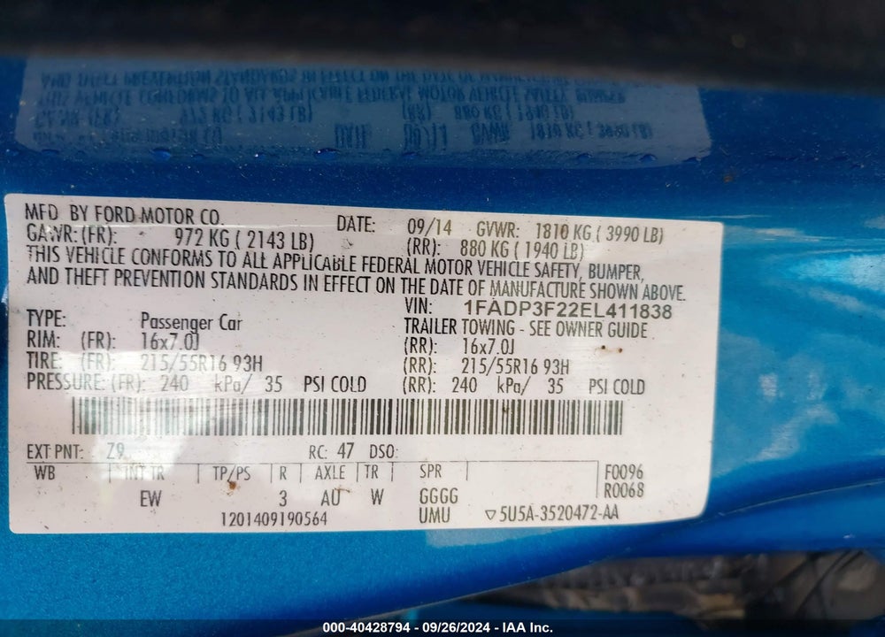 2014 FORD FOCUS SE VIN: 1FADP3F22EL411838