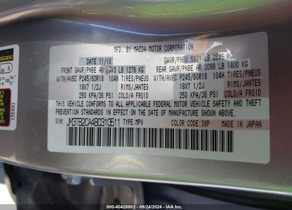 2011 MAZDA CX-9 TOURING VIN: JM3TB2CA4B0310511