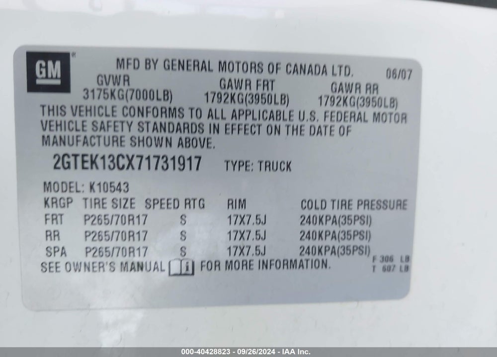 2007 GMC SIERRA 1500 SL VIN: 2GTEK13CX71731917