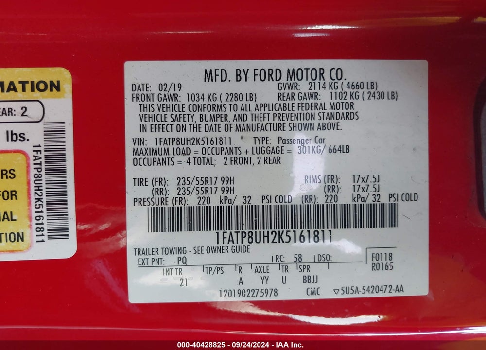 2019 FORD MUSTANG ECOBOOST VIN: 1FATP8UH2K5161811