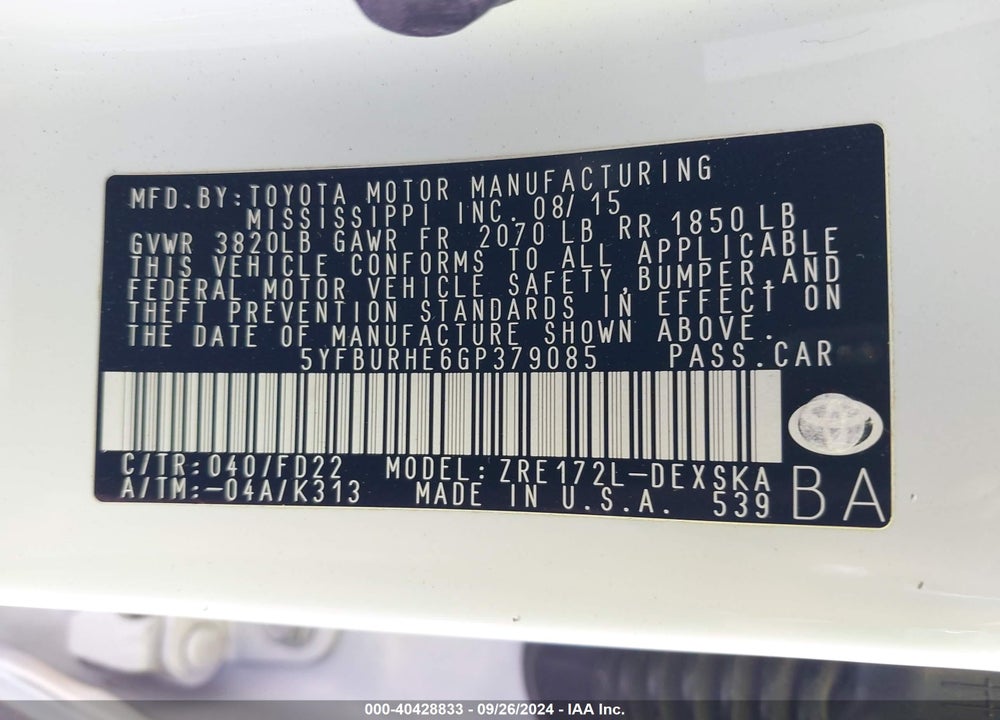 2016 TOYOTA COROLLA S PLUS VIN: 5YFBURHE6GP379085
