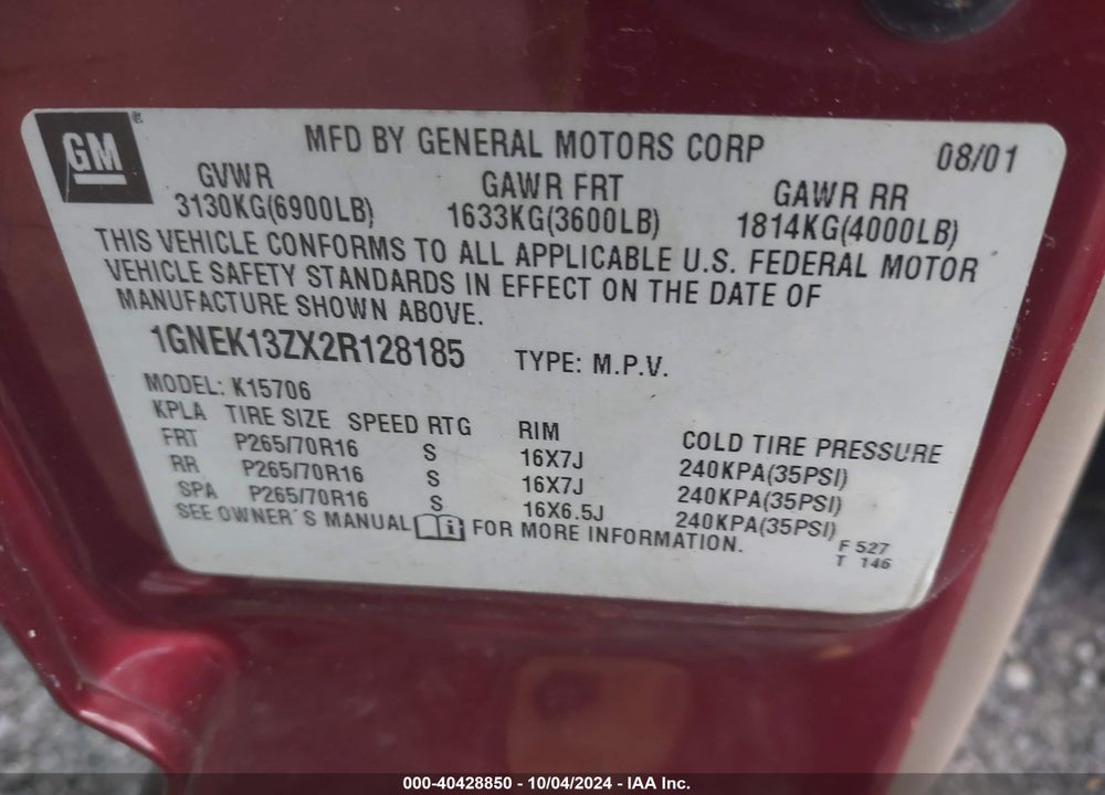2002 CHEVROLET TAHOE LS VIN: 1GNEK13ZX2R128185