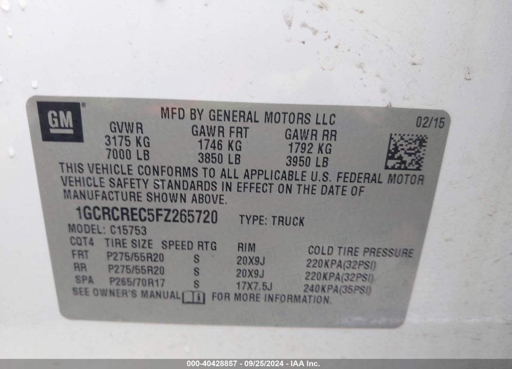 2015 CHEVROLET SILVERADO 1500 1LT VIN: 1GCRCREC5FZ265720