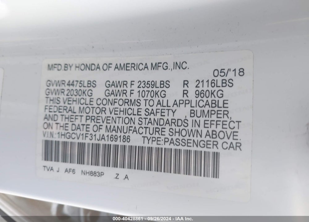 2018 HONDA ACCORD SPORT VIN: 1HGCV1F31JA169186