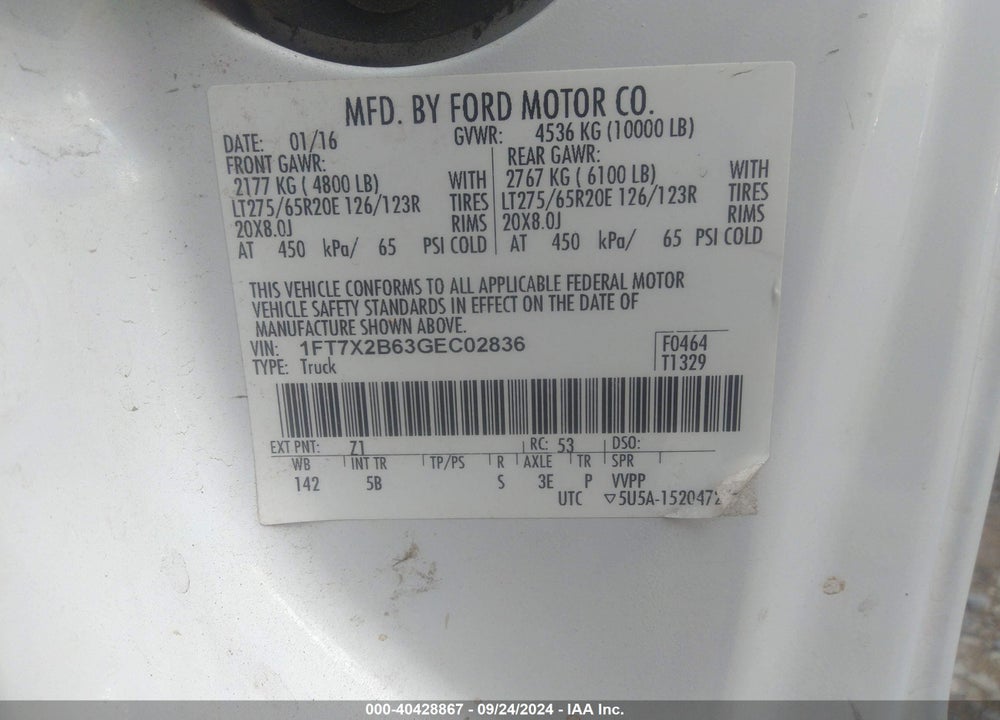 2016 FORD F-250 LARIAT VIN: 1FT7X2B63GEC02836