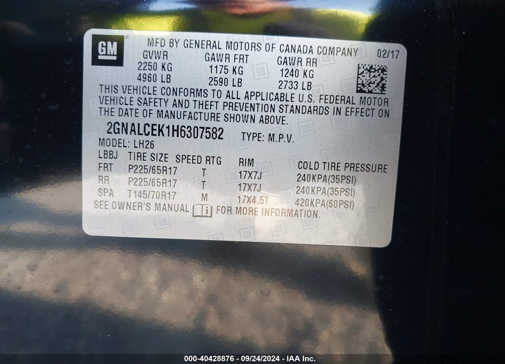 2017 CHEVROLET EQUINOX LT VIN: 2GNALCEK1H6307582