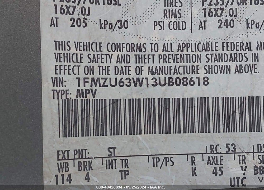 2003 FORD EXPLORER NBX/XLT VIN: 1FMZU63W13UB08618
