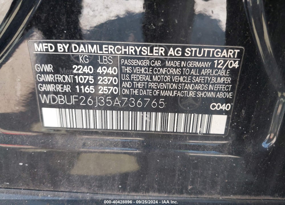 2005 MERCEDES-BENZ E 320 CDI VIN: WDBUF26J35A736765