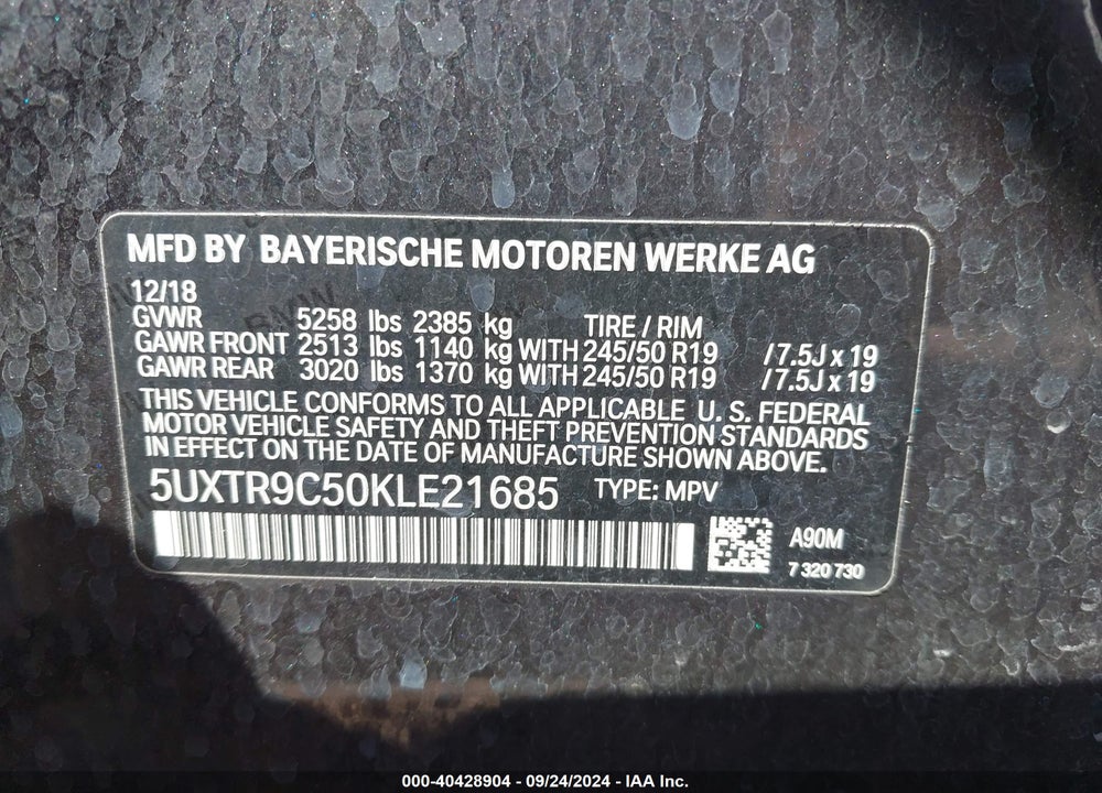 2019 BMW X3 XDRIVE30I VIN: 5UXTR9C50KLE21685