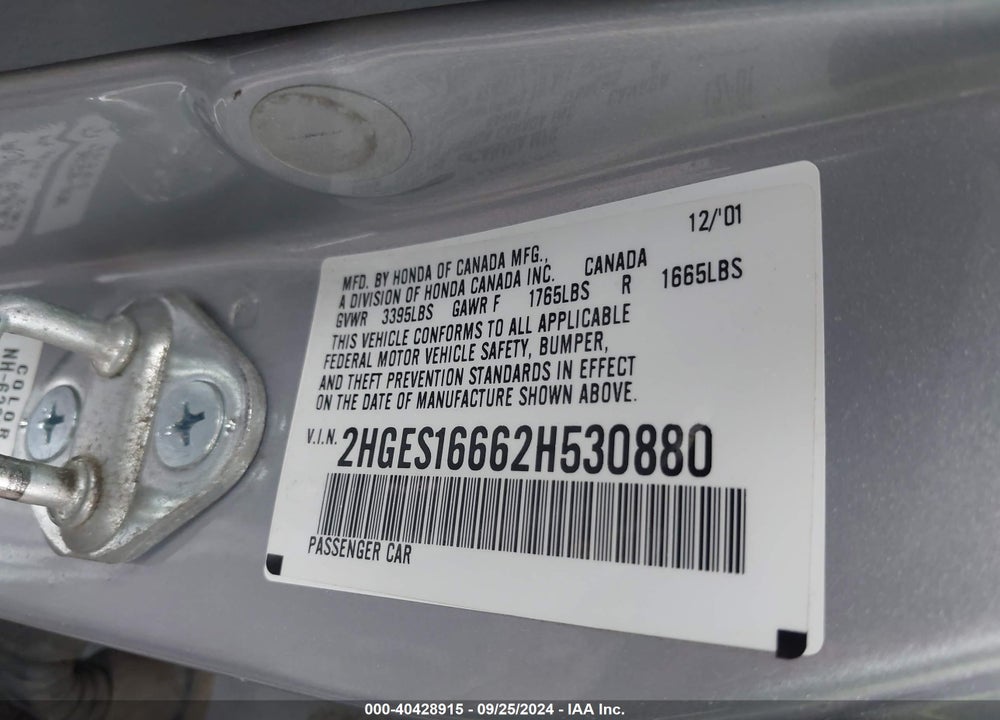 2002 HONDA CIVIC LX VIN: 2HGES16662H530880