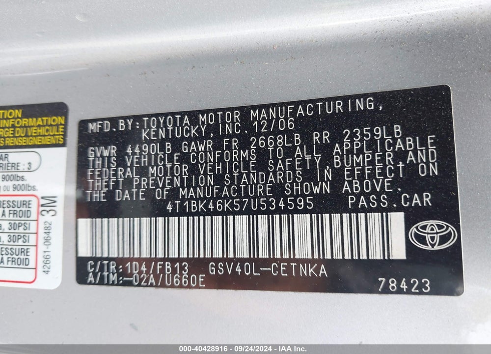 2007 TOYOTA CAMRY LE V6 VIN: 4T1BK46K57U534595