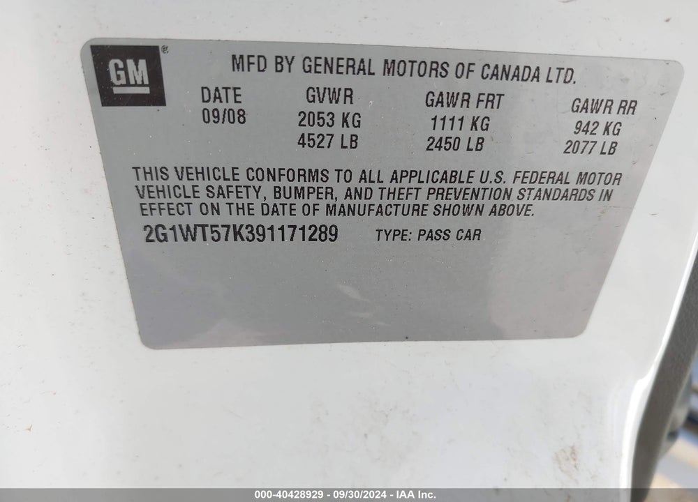 2009 CHEVROLET IMPALA LT VIN: 2G1WT57K391171289