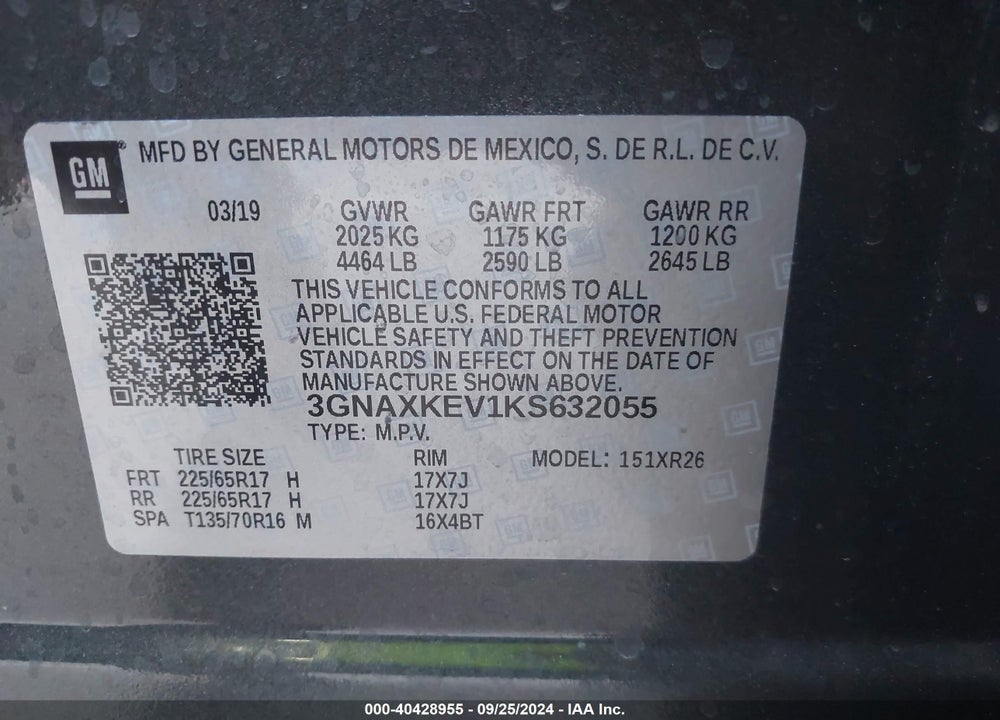 2019 CHEVROLET EQUINOX LT VIN: 3GNAXKEV1KS632055