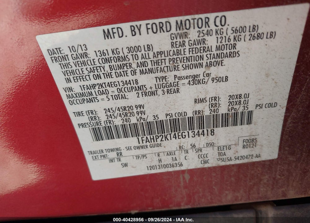 2014 FORD TAURUS SHO VIN: 1FAHP2KT4EG134418
