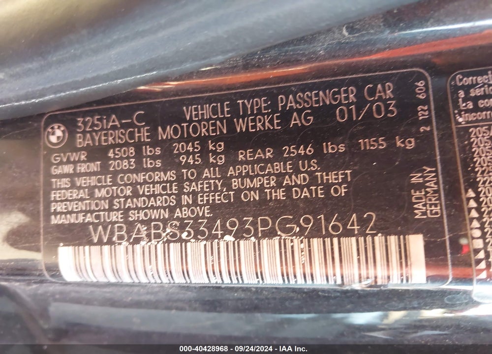 2003 BMW 325CI VIN: WBABS33493PG91642