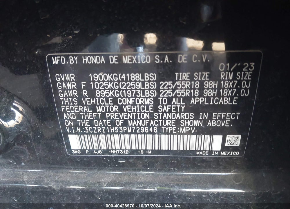 2023 HONDA HR-V VIN: 3CZRZ1H53PM729646