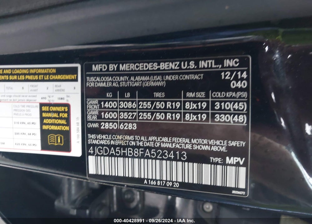 2015 MERCEDES-BENZ ML 350 4MATIC VIN: 4JGDA5HB8FA523413