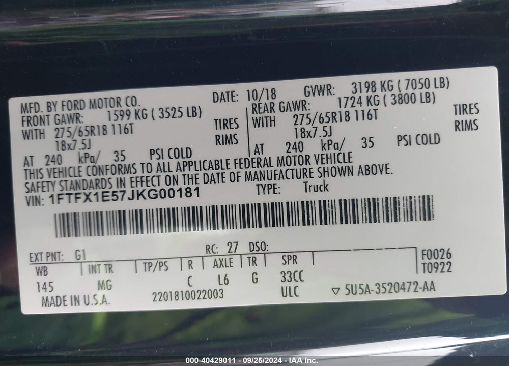 2018 FORD F-150 XLT VIN: 1FTFX1E57JKG00181