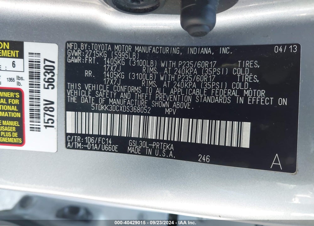 2013 TOYOTA SIENNA LE V6 8 PASSENGER VIN: 5TDKK3DCXDS368052